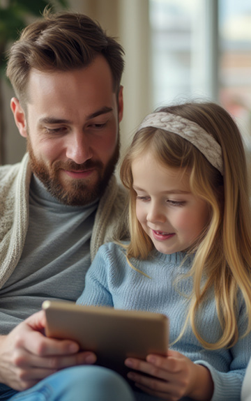 Vater und Tochter schauen auf ein iPad
